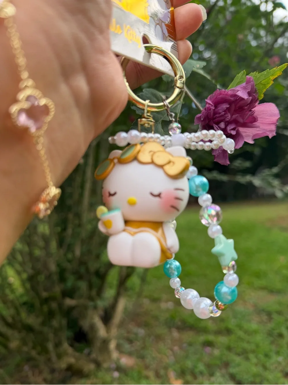 Sanrio Hello Kitty White, Gold & Turquoise Beaded Keychain Charm